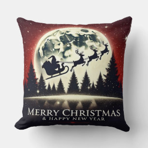 Coussin Père Noël et rennes en silhouette volant
