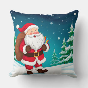 Coussin Père Noël marchant joyeusement dans un hiver ennei