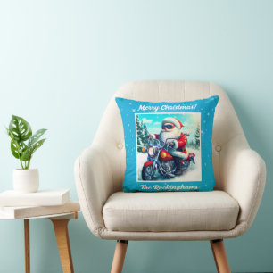 Coussin Père Noël sur une moto dans la neige