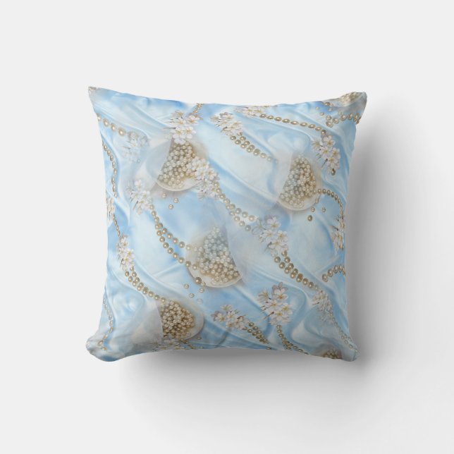 Coussin Perles de la campagne de la soie bleue et de l'ivo (Recto)