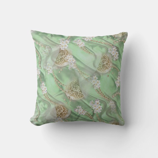 Coussin Perles de la campagne verte de soie et d'ivoire (Recto)