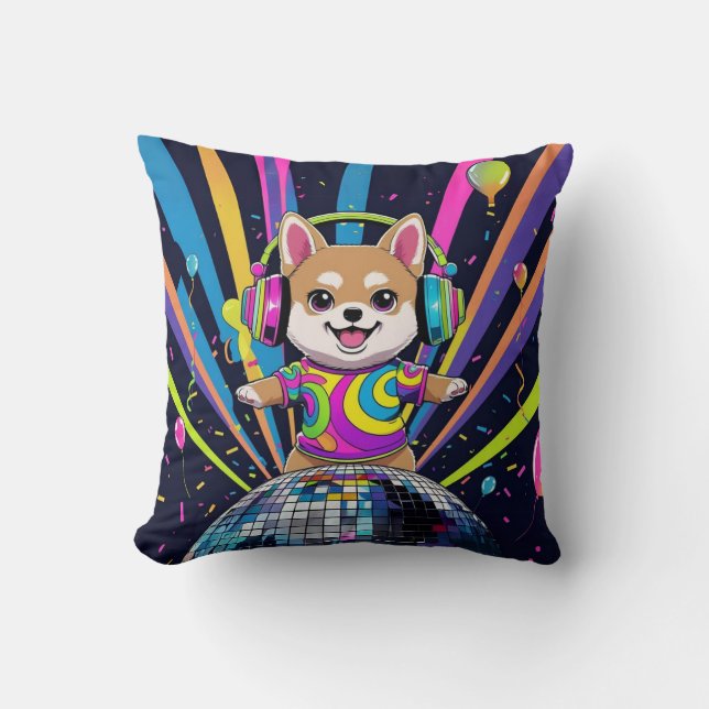 Coussin Perro Kawaii Shiba Inu Bailando Neón Retro (Recto)