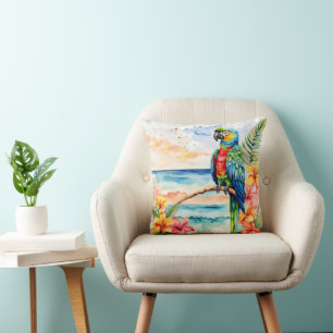 Coussin Perroquet Tropical Avec Fleurs