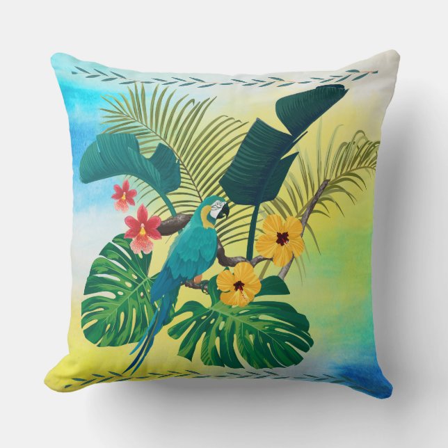 Coussin Perroquet Tropical, Florals Feuilles Jeu d'Oreille (Recto)