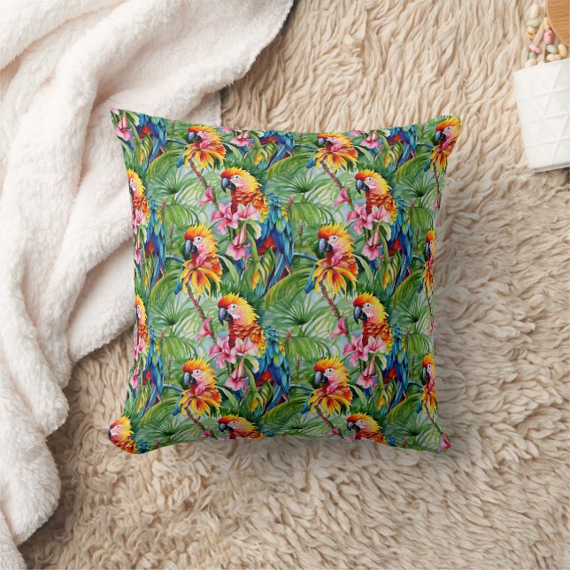 Coussin Perroquets de couleurs vives et fleurs tropicales (Couverture)