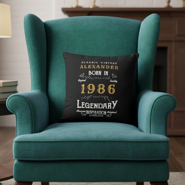 Coussin Personalized 40th Birthday Born 1986 Legend Black (Born 1986 throw pillow on a green chair.)