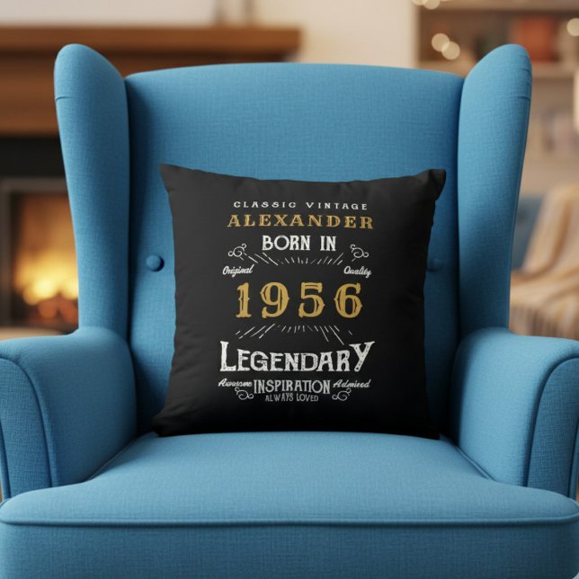 Coussin Personalized 70th Birthday Born 1956 Legend Black (Born 1956 throw pillow in an armchair.)