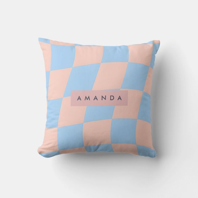 Coussin Personalized Baby Blue and Peach Wavy Checkered (Recto)