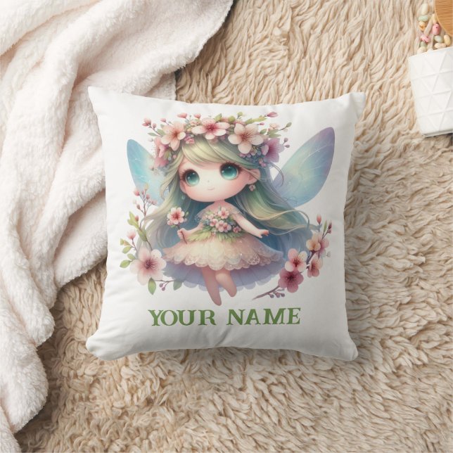 Coussin Personalized Cute Fairy & Floral Wreath Pillow (Couverture)