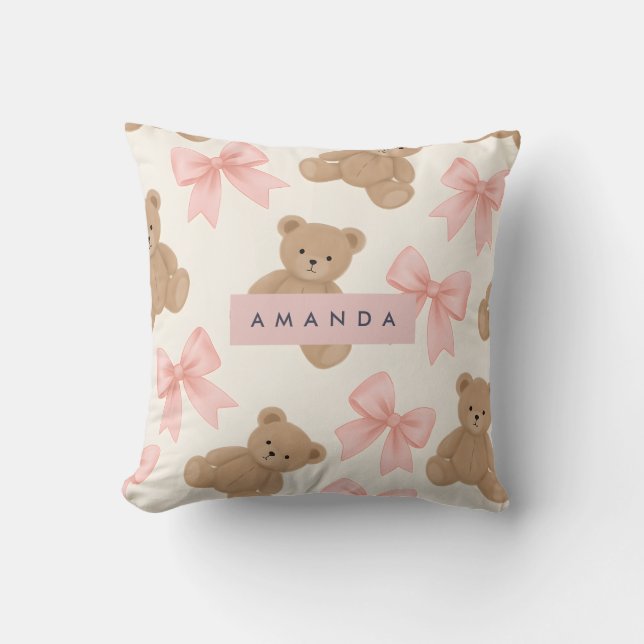 Coussin Personalized Cute Teddy Bear and Pink Bow Pattern (Recto)
