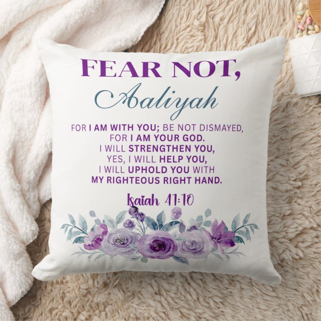 Coussin Personalized Fear Not Isaiah 41:10 Purple Floral (Couverture)