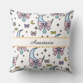 Coussin Personalized Girl Cute Bow Name Moons White