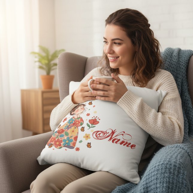 Coussin Personalized Happy Girl Floral Messy Bun Name (Créateur téléchargé)