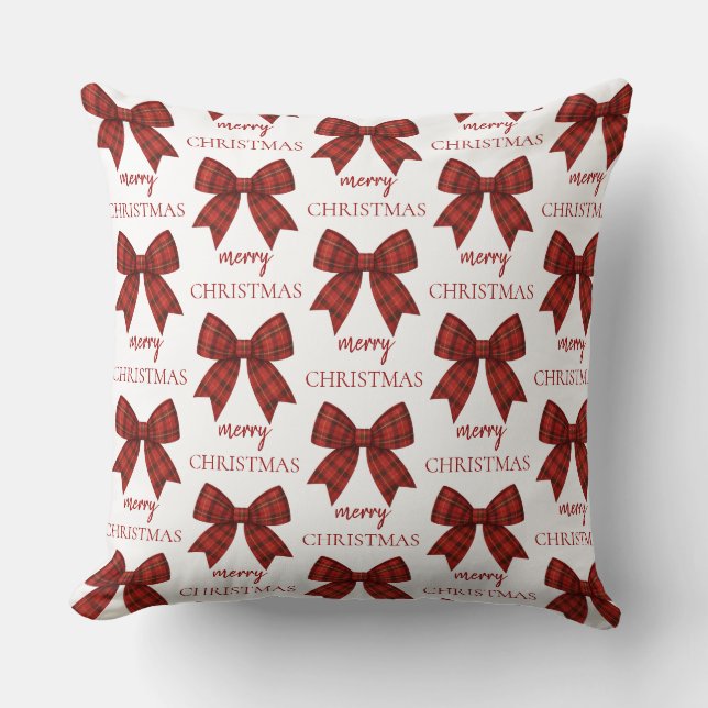 Coussin Personalized Merry Christmas | Red Plaid Bow (Recto)
