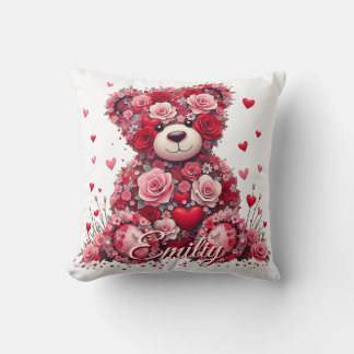 Coussin Personalized Name Valentine’s Day Floral Bear