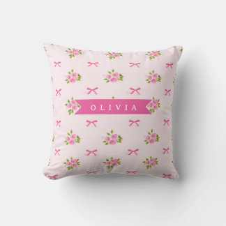 Coussin Personalized Pink Coquette Girly Bow Floral Name