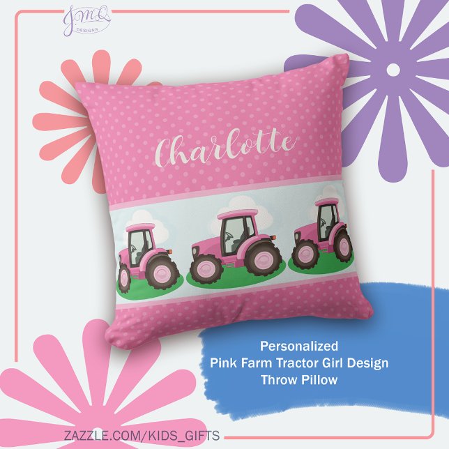Coussin Personalized Pink Farm Tractor Girl Design (Cute pink farm tractor design with a sweet girly feel and personalized name accent)