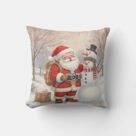 Coussin Personalized Santa Photographer & Snowman Selfie 