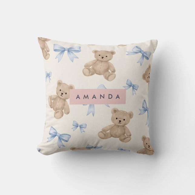 Coussin Personalized Teddy Bear & Blue Bow Pattern (Recto)