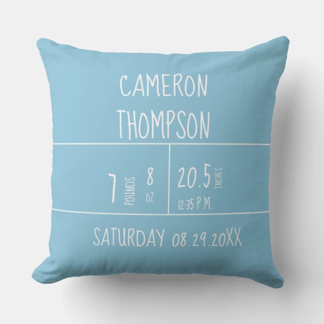 Coussin Personnalisable Blue Birth Stats Baby Nursery Cous (Recto)