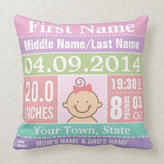 Coussin personnalisé de stat de naissance de bébé