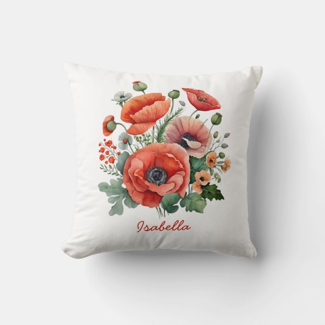 Coussin Personnalisé Joli Aquarelle Rouge Poppies Florales (Recto)