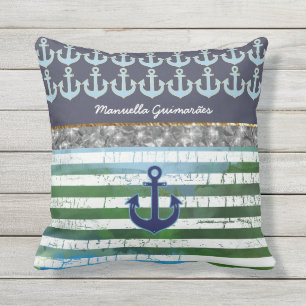 Coussin personnalisé / nom / ancre / bleu rayé