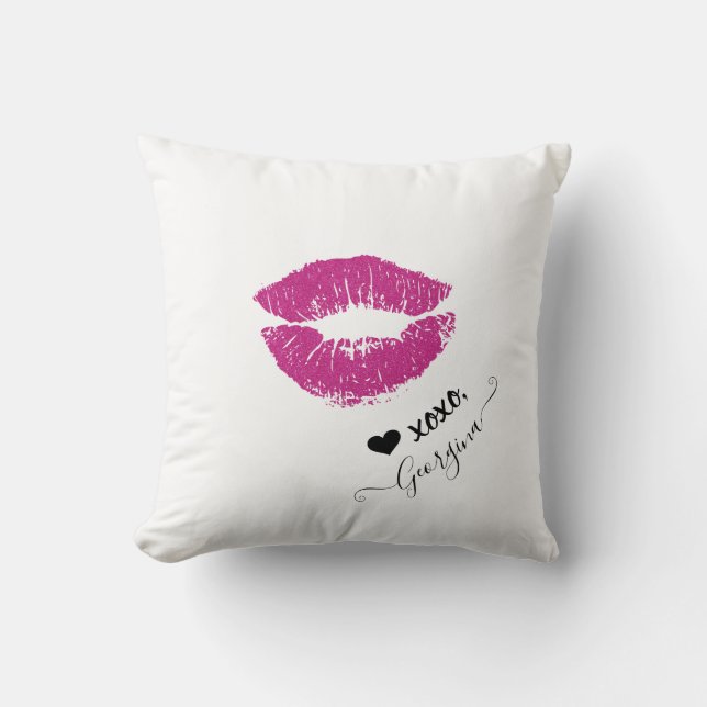 Coussin Personnalisé Nom Girly Chic Rose Baisers Lips Coeu (Recto)