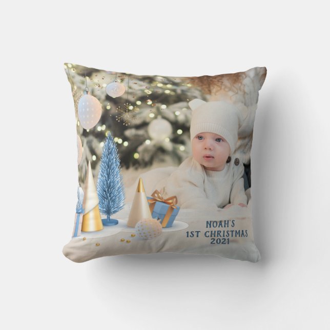 Coussin Personnaliser Nom & Photo 1er Noël du bébé (Recto)