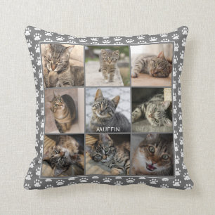 Coussin Pet Cat Photo Collage Empreinte de patte Motif Gre