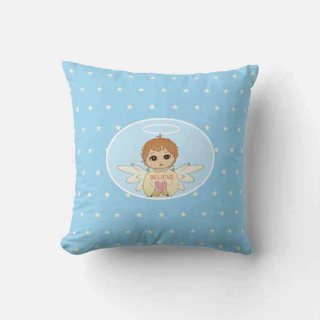 Coussin Petit ange mignon et étoiles sur Turquoise (Recto)