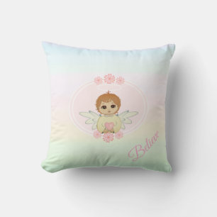 Coussin Petit ange mignon & Fleurs de Coeur sur Pastel Sha
