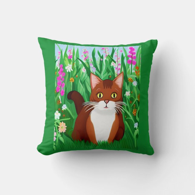 Coussin Petit gingembre Kitty Brown dans un champ de fleur (Recto)