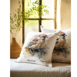 Coussin petit moineau mignon en aquarelle personnalisable