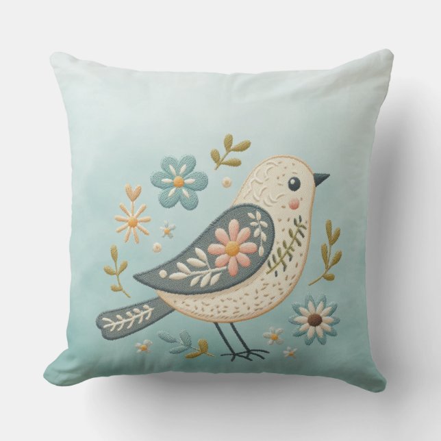 Coussin Petit Oiseau Vert Floral Jeu d'Oiseau (Recto)