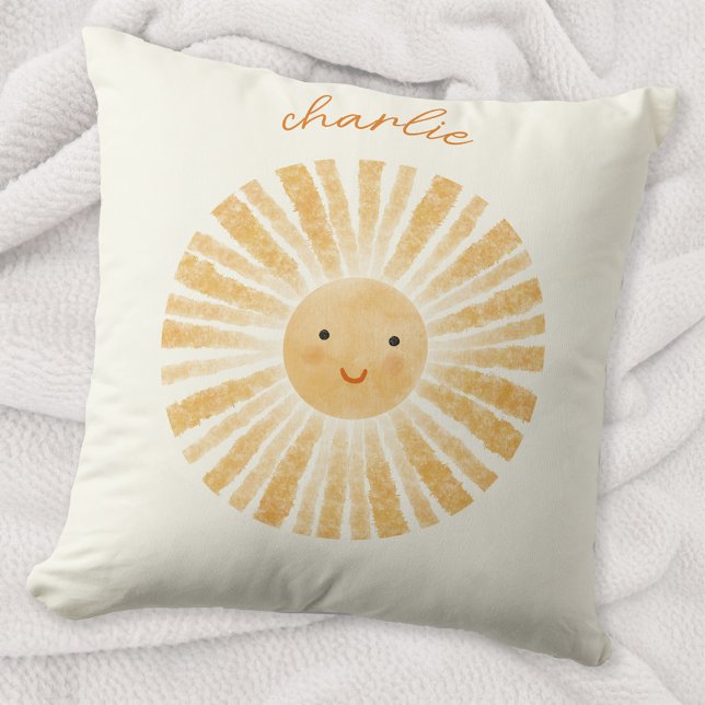 Coussin Petit rayon de soleil personnalisé (Happy little watercolor sunshine personalized custom name throw pillow, ideal for nursery decor)