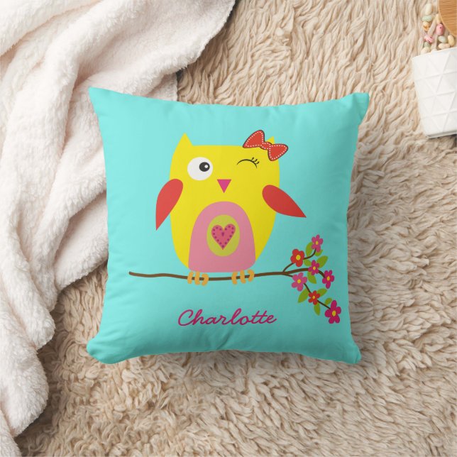 Coussin Petite chouette personnalisée Fleurs roses (Couverture)