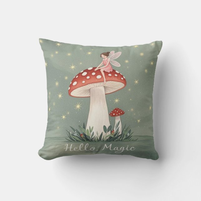 Coussin Petite fée perchée sur le champignon et brillante (Recto)