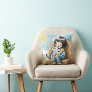 Coussin Petite fille avec chat animal