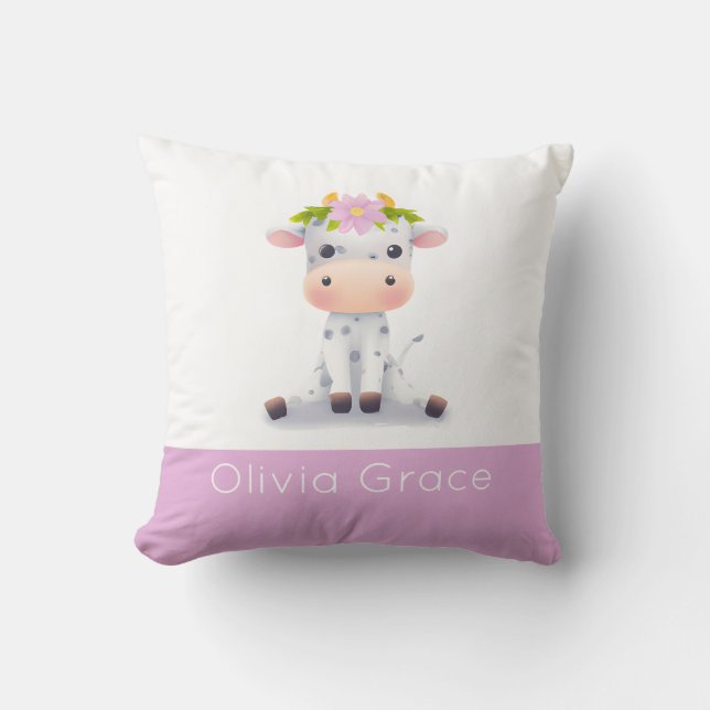 Coussin Petite fille Bébé Vache portant une couronne de fl (Recto)