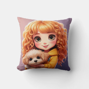 Coussin Petite fille et chien; Chibi art,
