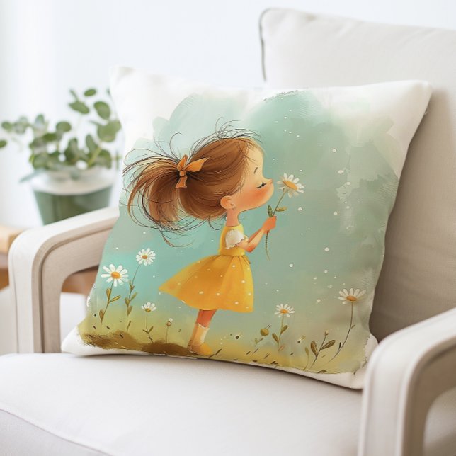 Coussin Petite fille mignonne avec Fleurs Coussin, Whimsic (Créateur téléchargé)