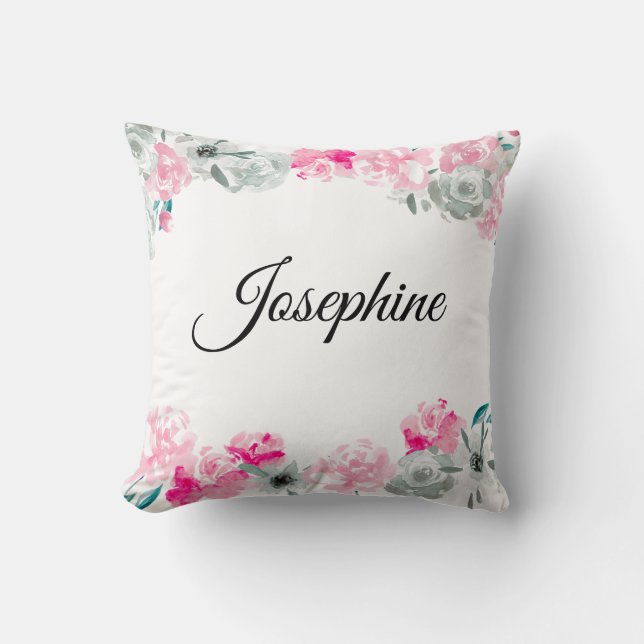 Coussin Petite fille personnalisée | Boho Fleurs aquarelle (Recto)