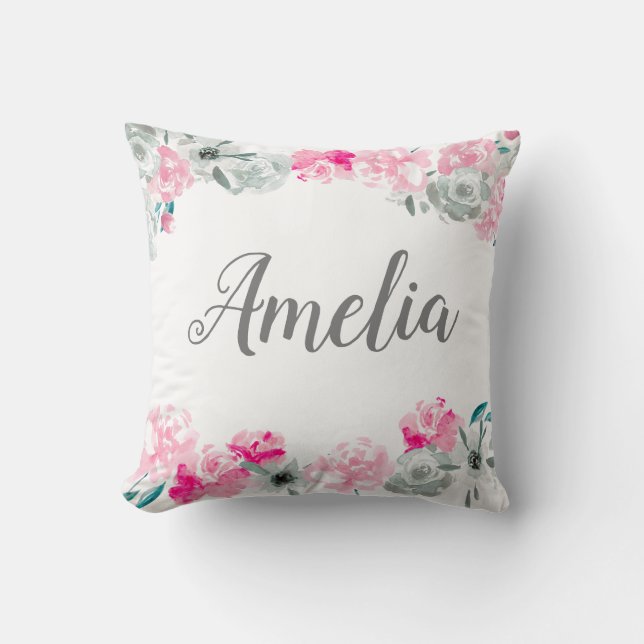 Coussin Petite fille personnalisée| Fleurs d'aquarelle de  (Recto)