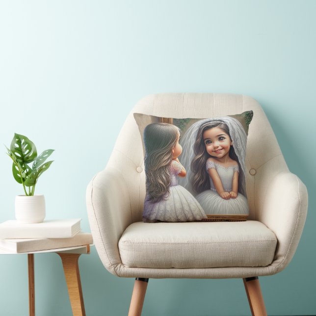 Coussin Petite Fille Regardant Dans Un Miroir À Une Mariée (Chaise)