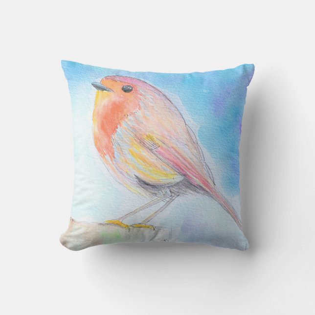 Coussin Petite peinture à l'aquarelle Robin (Recto)