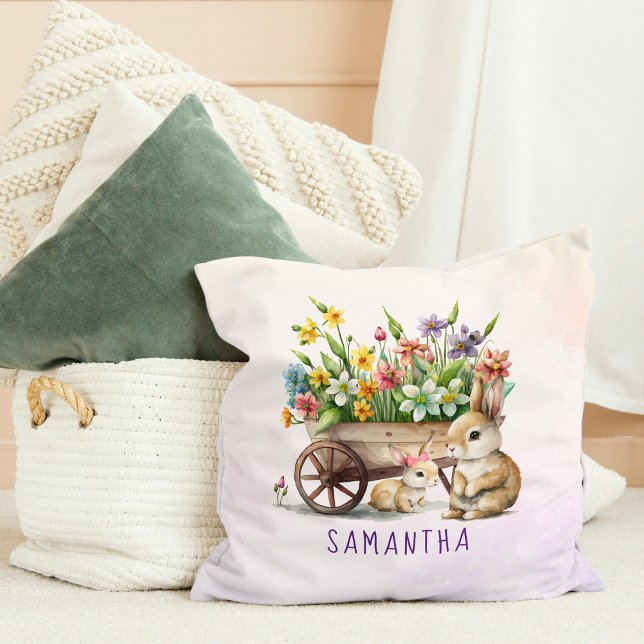 Coussin Petits lapins Personnalisés Fille Pâques (Cute Bunnies Personalized Girl Easter Throw Pillow)