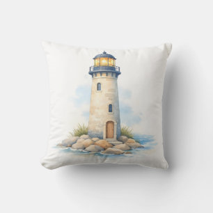 Coussin Phare à l'aquarelle sur les rochers 