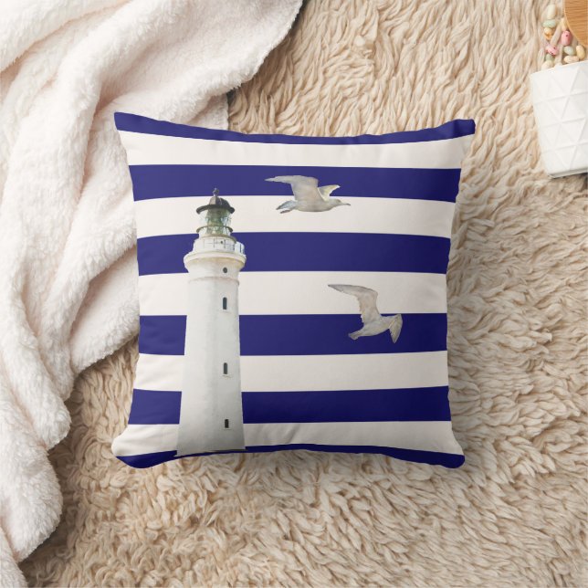 Coussin Phare bleu marine blanc rayures nautiques goélands (Couverture)