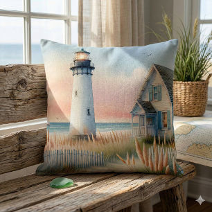 Coussin Phare de bord de mer et chalet d'aquarelle scène